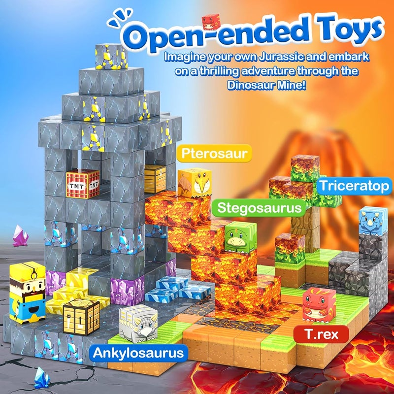 Toylogy 154 قطعة كتل مغناطيسية كبيرة - بناء عالم الديناصورات والمناجم، ألعاب حسية خارجية للأطفال من 3-5 سنوات، ألعاب STEM للأطفال في عصر الجوراسي، هدايا للأطفال من الأولاد والبنات من 3 إلى 8 سنوات - Image 4
